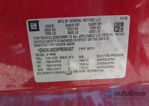 2015 Chevrolet Suburban 1500 Lt z USA, uszkodzony, nr VIN 1GNSKJKC9FR586497